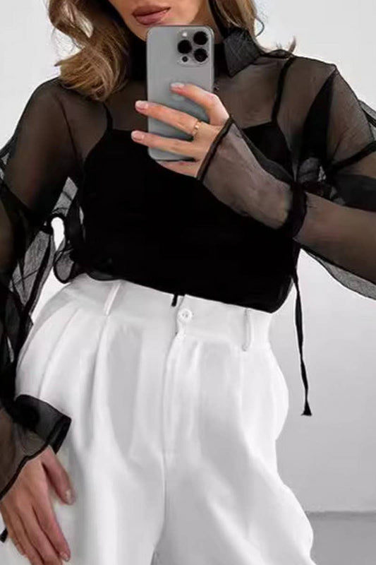 CWTSTL902_SEXY MESH LACE-UP SEE-THROUGH LONG-SLEEVED SHIRT