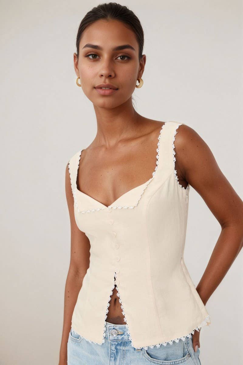 CWTTK1199_LACE TRIM BUTTON FRONT LINEN BLEND CAMI TOP