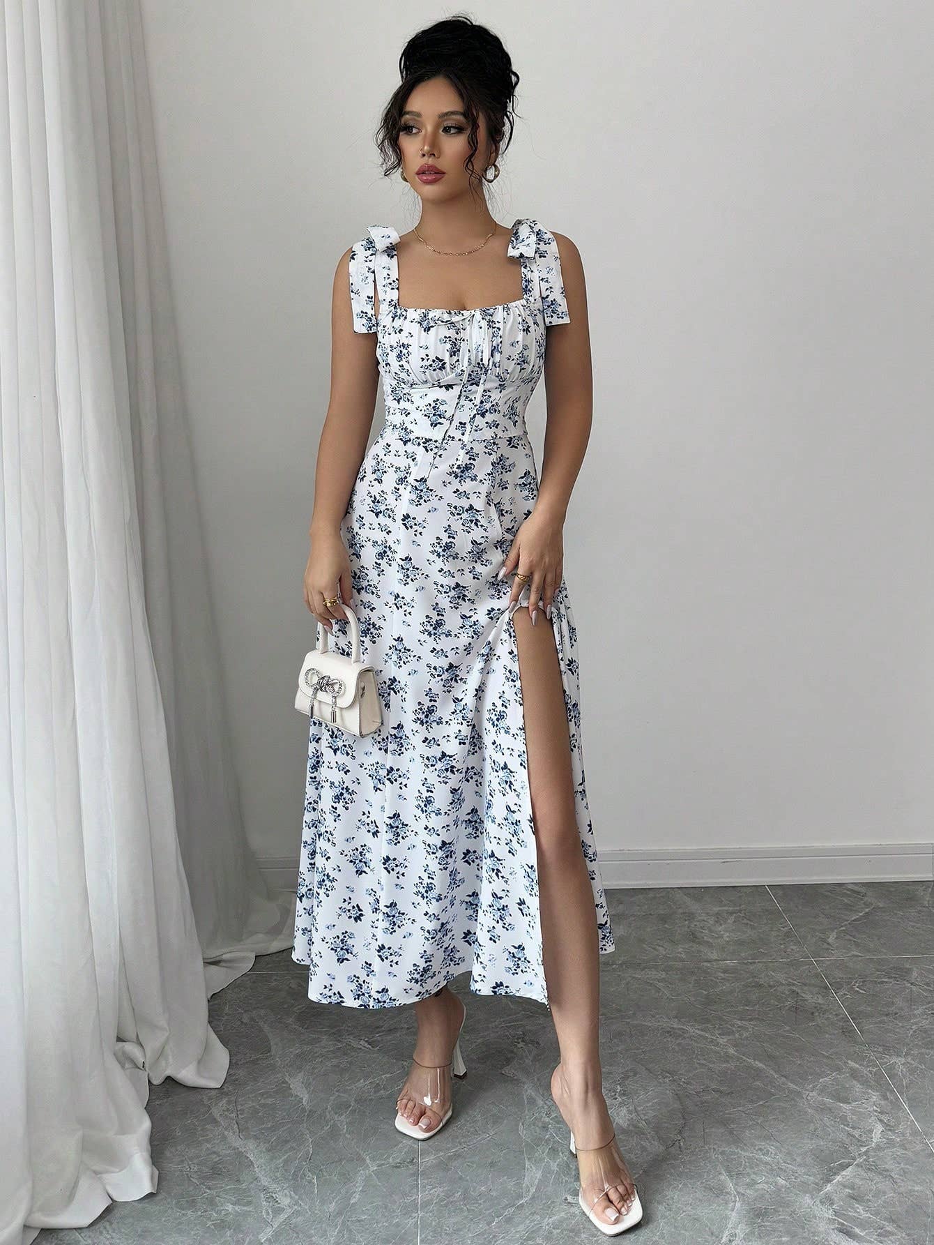 Floral design, halter straps and slits long dress