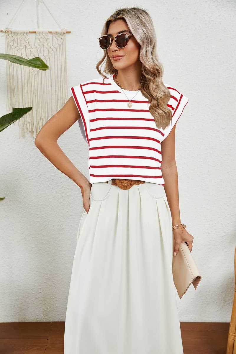 CWTBLS0865_ROUND NECK STRIPED RAGLAN SLEEVE T-SHIR