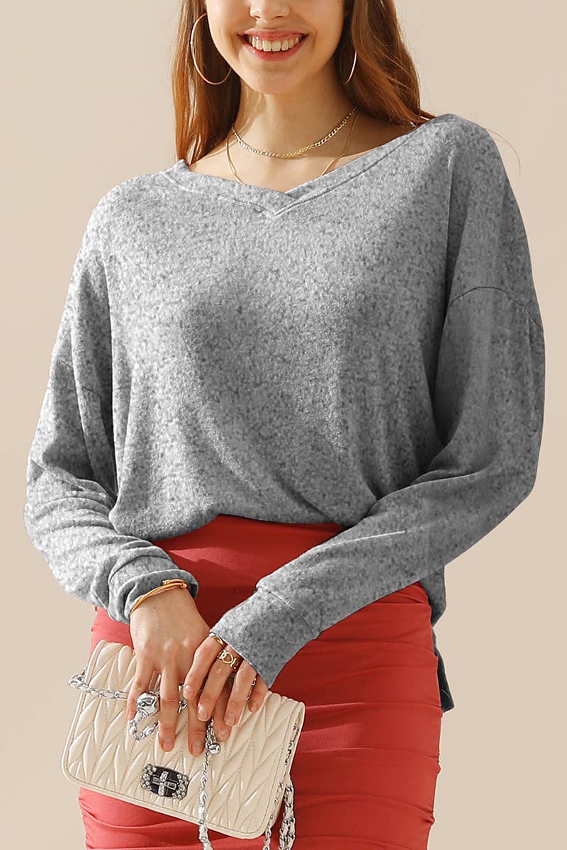 CWTTL1408_Long Sleeve Loose V-Neck Pullover Top