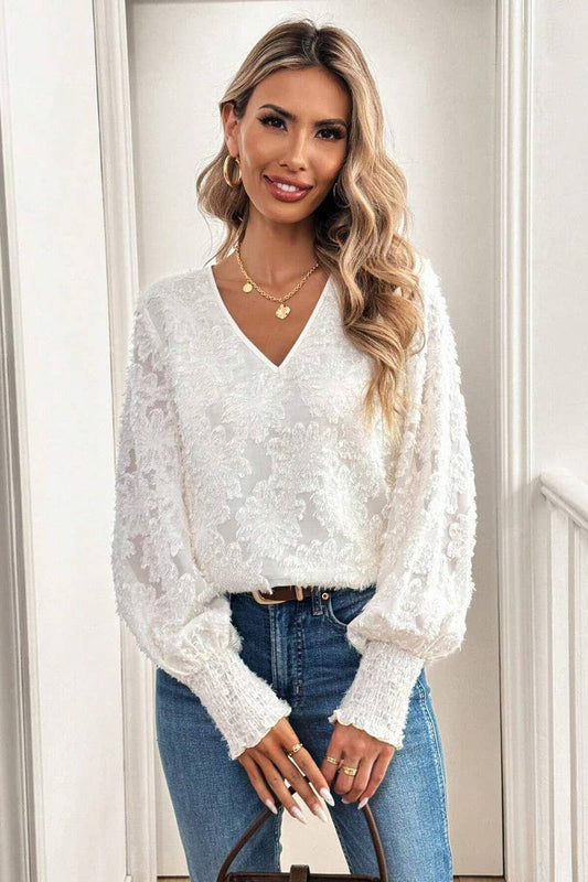 CWTBLL3535_V-NECK LANTERN SLEEVE EMBROIDERED WHITE SHIRT TOP