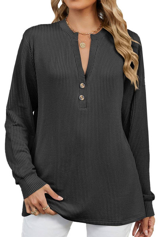 CWTBLL3675_V-NECK BUTTON-DOWN STRIPED WAVY CASUAL TOP