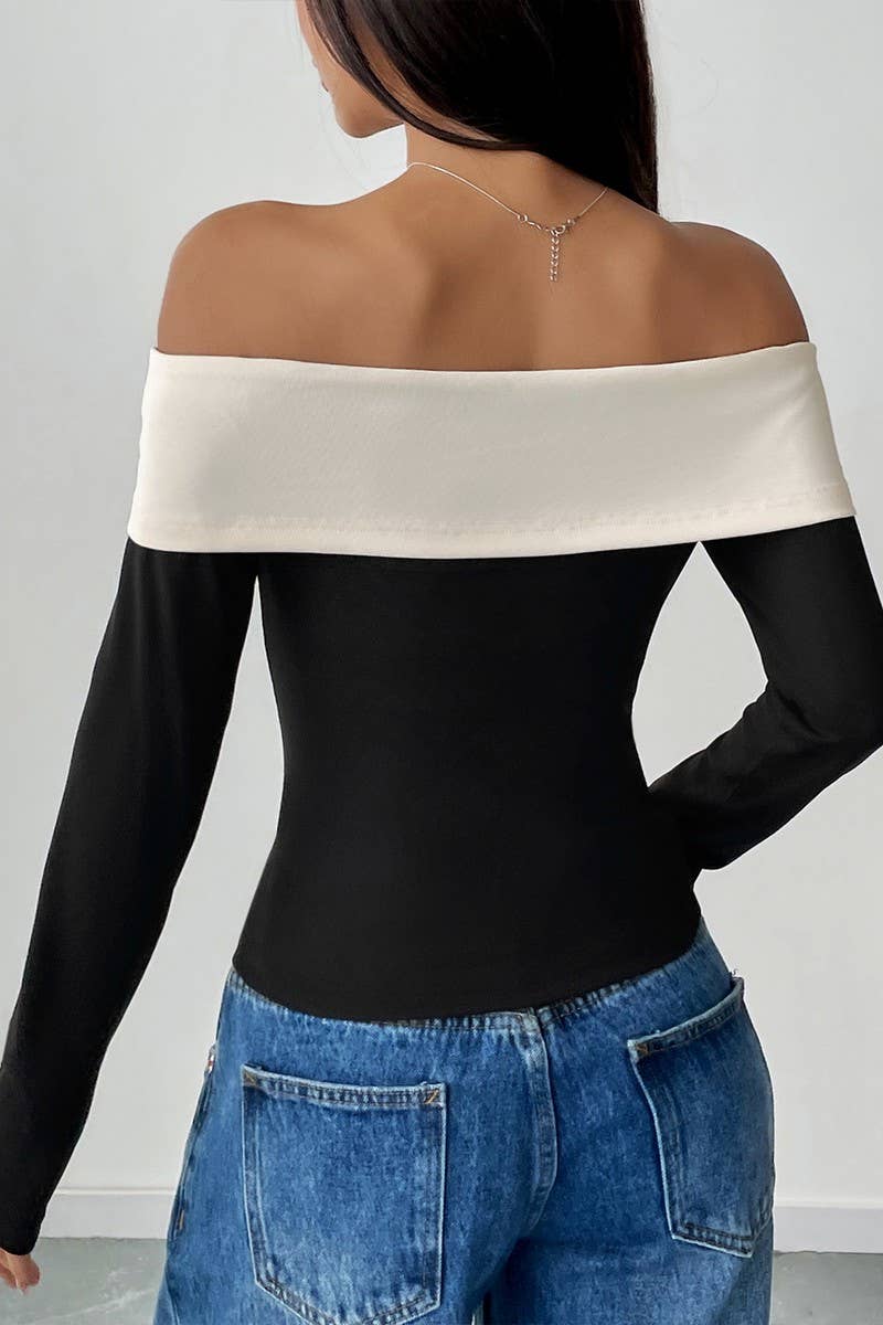 CWTBLL3271_OFF-THE-SHOULDER BOW TIE LONG-SLEEVED T-SHIRT TOP
