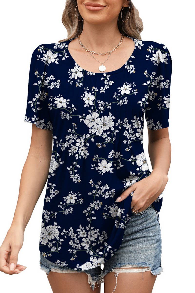 CWTBLS1724_LOOSE CREW NECK PLEATED PRINT SHORT SLEEVE TOP