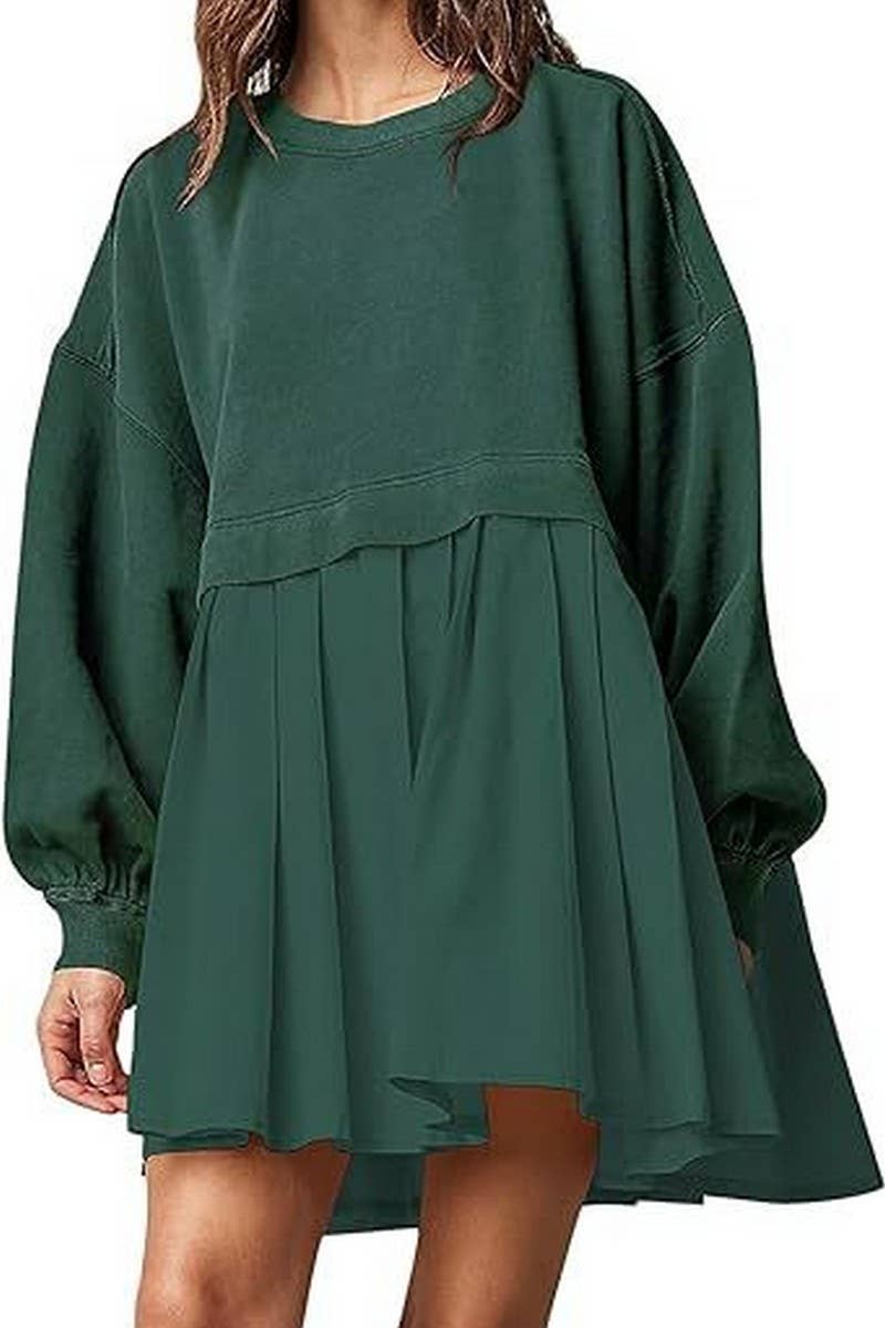 CWDSD10615_FAKE TWO-PIECE COLORBLOCK LOOSE PLEATED DRESS