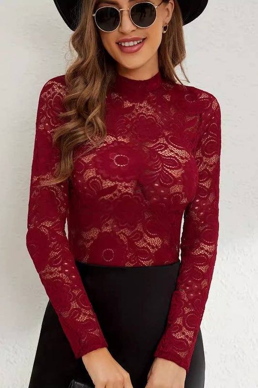 CWTBLL3524_LACE STAND COLLAR LONG SLEEVE BOTTOMING TOP