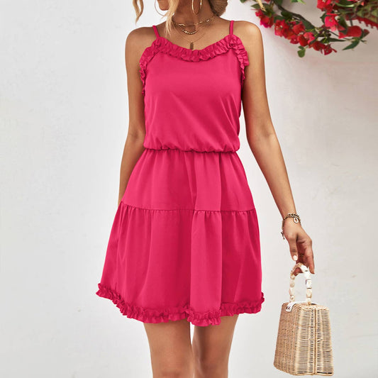 Cinched waist solid-color halter dress
