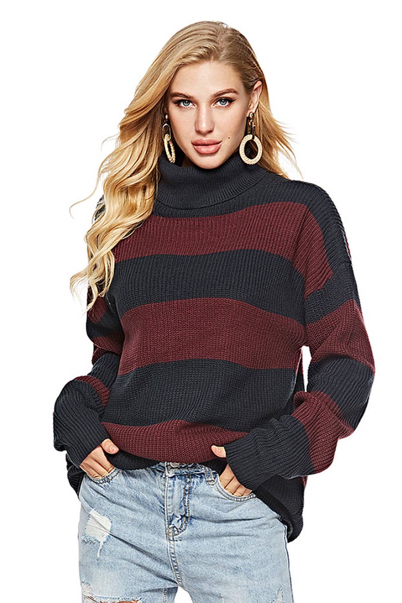 CWTSTL2701_CASUAL STRIPED TURTLENECK KNIT SWEATER