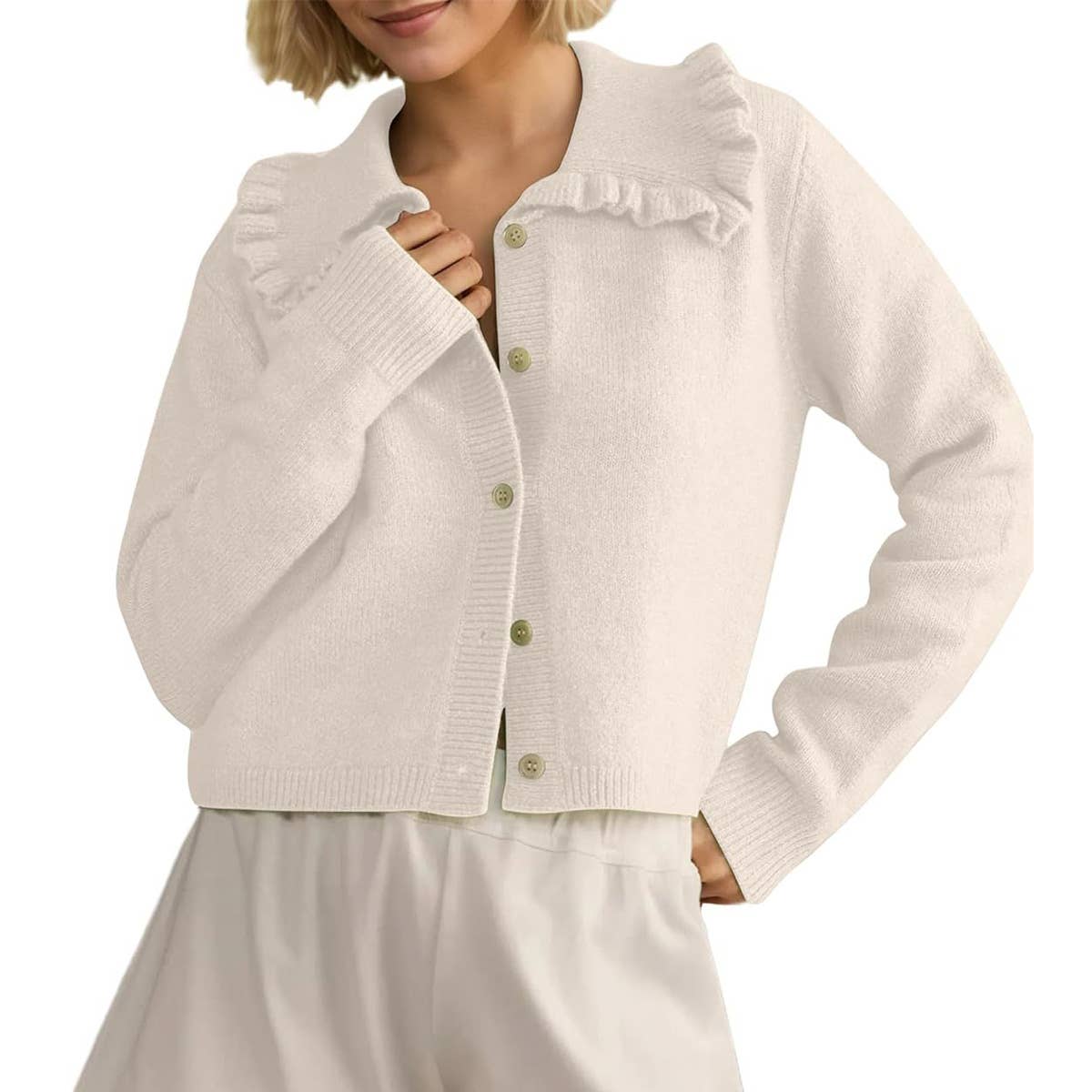 Doll collar solid color single breasted cardigan