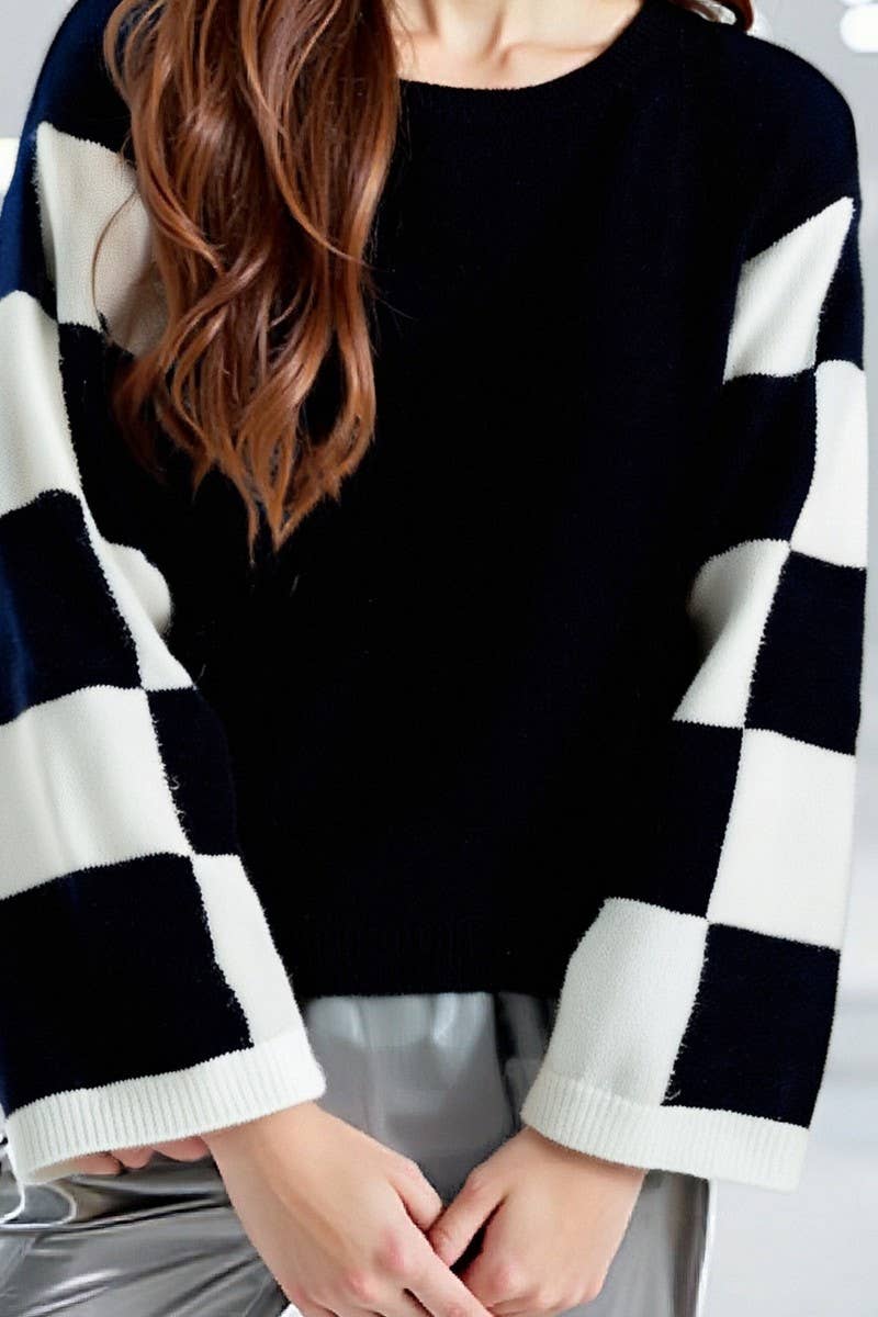 CWOSWL6949_COLORBLOCK PRINTED CREWNECK PULLOVER SWEATER