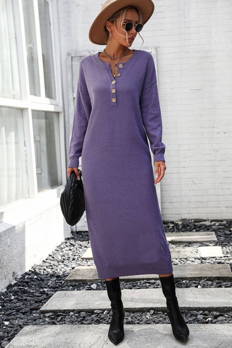 CWDMD538  Long Sleeve Loose V-Neck Button Tops Long Sweater