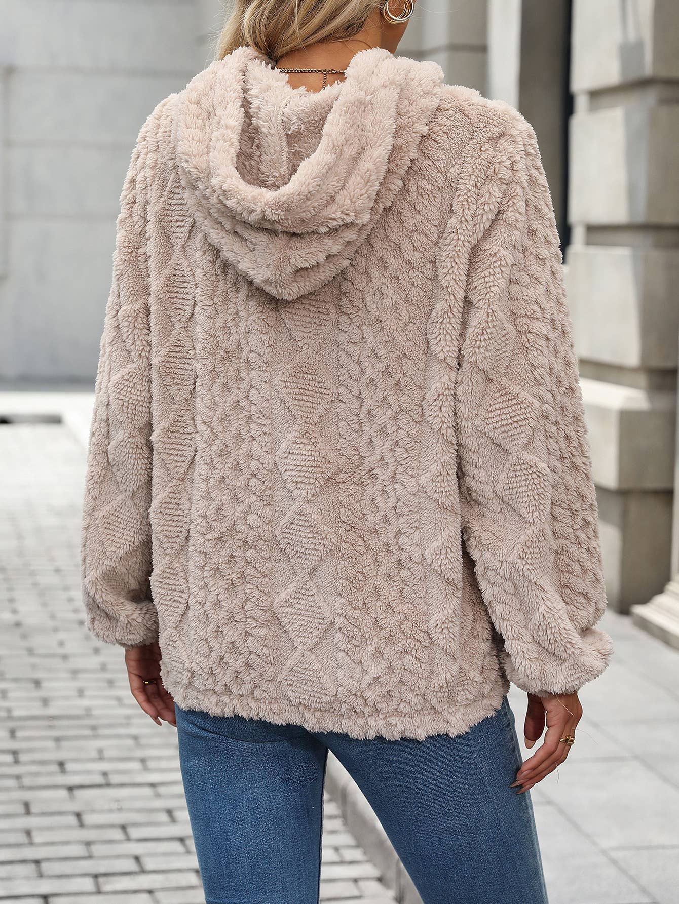 FLEECE JACQUARD FABRIC LONG-SLEEVED HOODED JUMPER