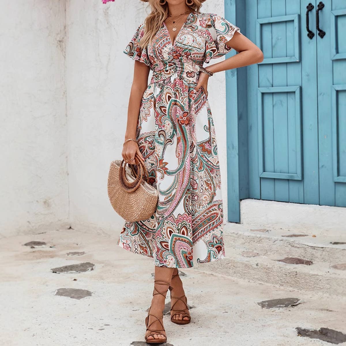 Fashion V-neck print simple high-waisted dress