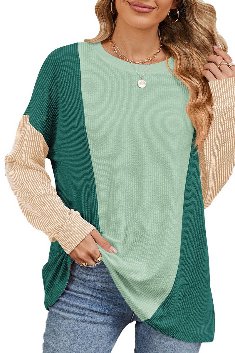 CWTBLL2358_ROUND NECK LOOSE STITCHING LONG SLEEVE TOP