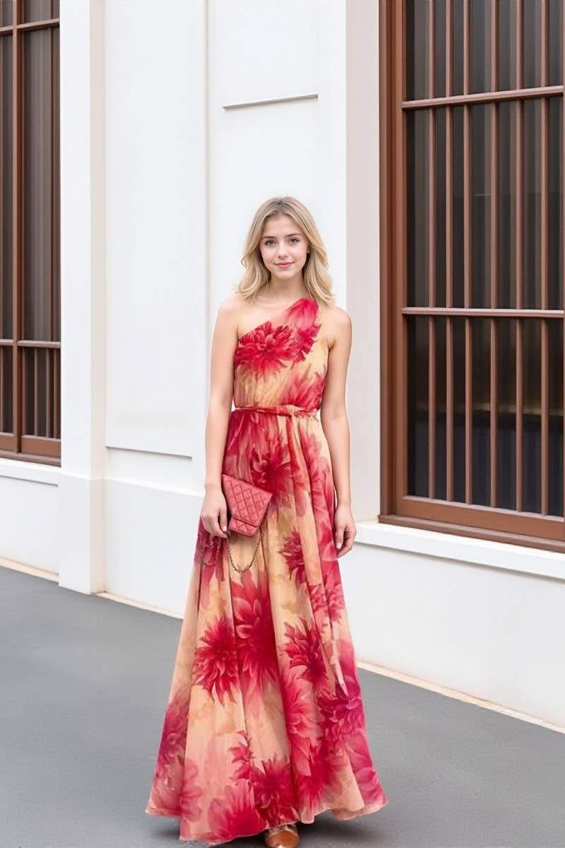 OFF-SHOULDER WAIST-TIED SWING PRINT DRESSCWDMD947