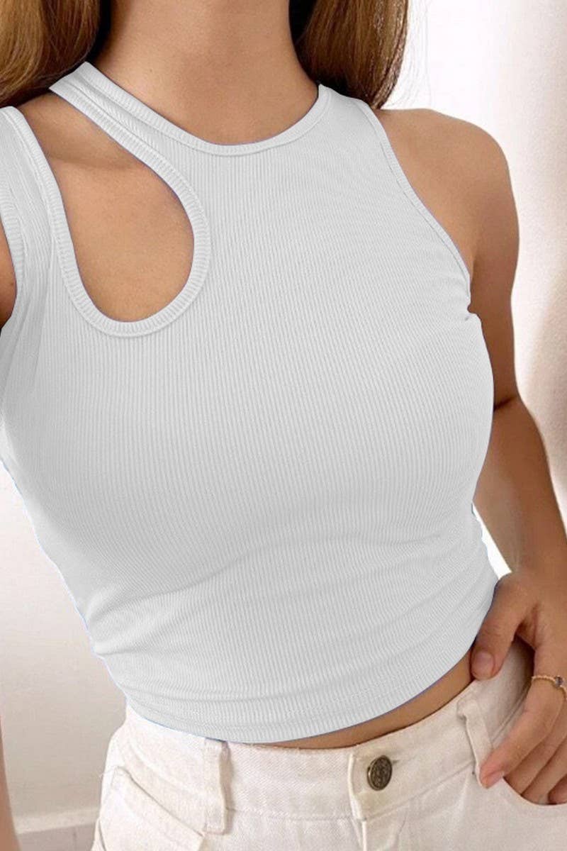 CWTTK0502_RIBBED BELLY-BARING CUT-OUT SLEEVELESS TANK TOP