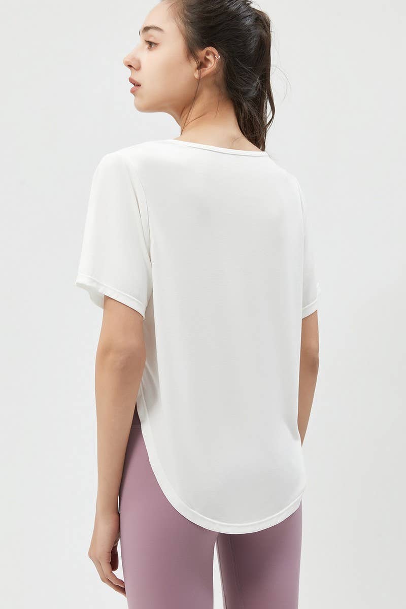 CWTBLS1469_LOOSE SHORT-SLEEVED SOLID COLOR SPORTS TOP