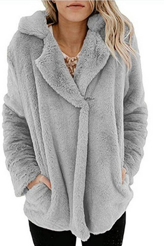 Cardigan suit collar pocket long sleeve plush coat