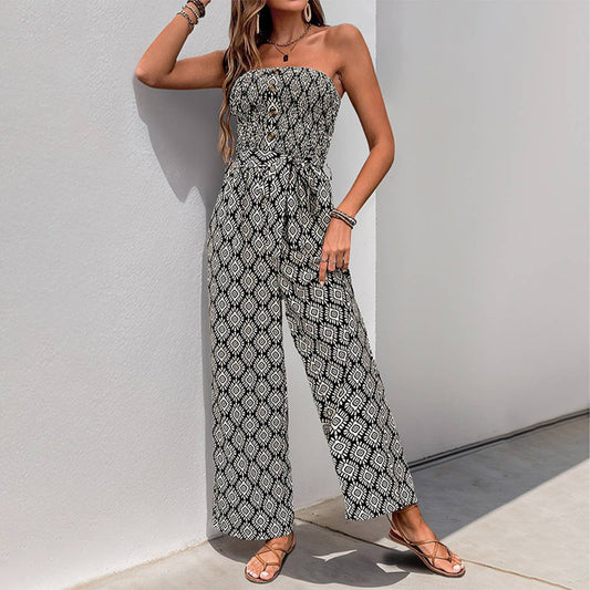 Boho ruched strapless jumpsuit with ethnic print