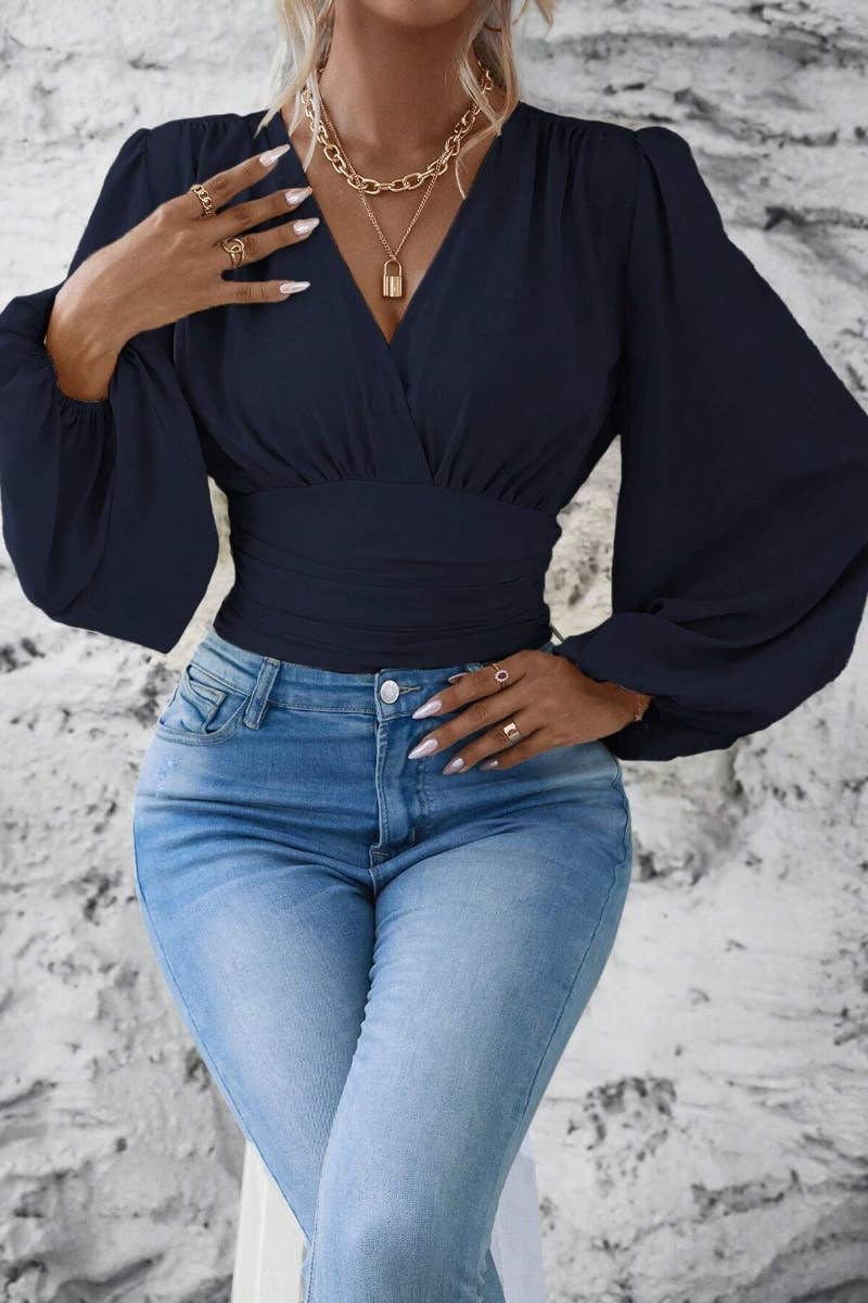 CWTBLL2548_AUTUMN V-NECK WAIST LONG SLEEVE WAIST TOP