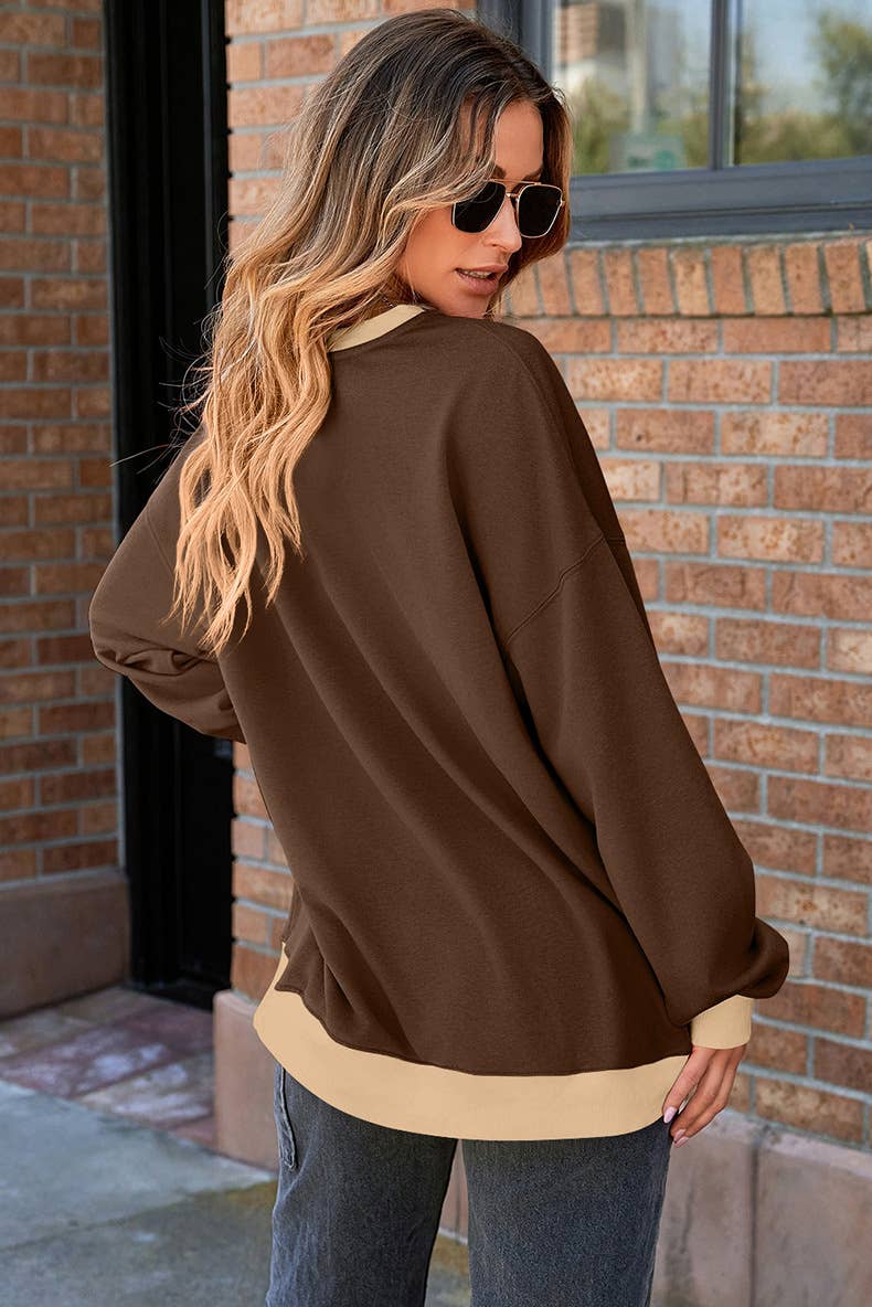 COLOR CONTRAST PATCHWORK CREW NECK PULLOVER WOMAN