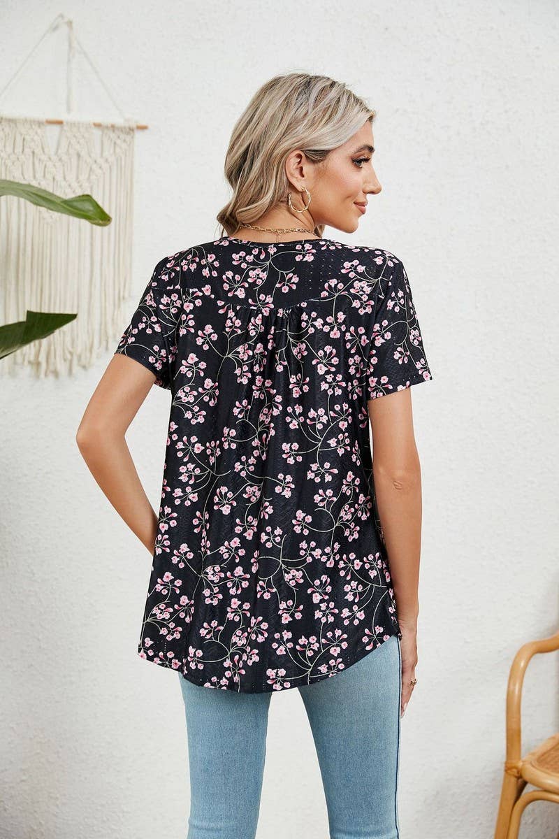 CWTBLS0850_BUTTON PRINT FLORAL SHORT SLEEVE BAGGY TOP