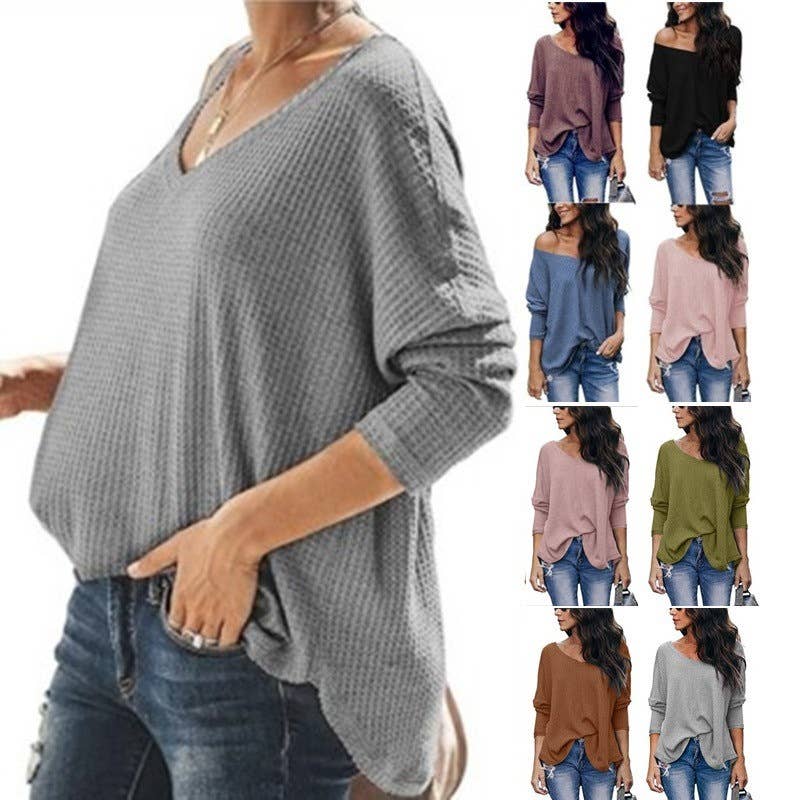 CWTTL1205_V-neck Long Sleeved Loose Knit Top