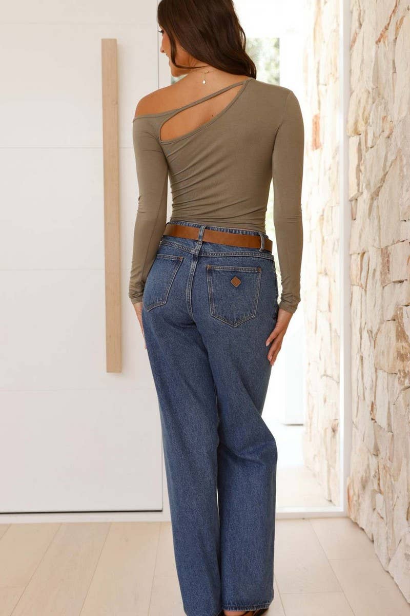 CWTBLL1622_HOLLOW SHOULDER IRREGULAR LONG SLEEVE T-SHIRT