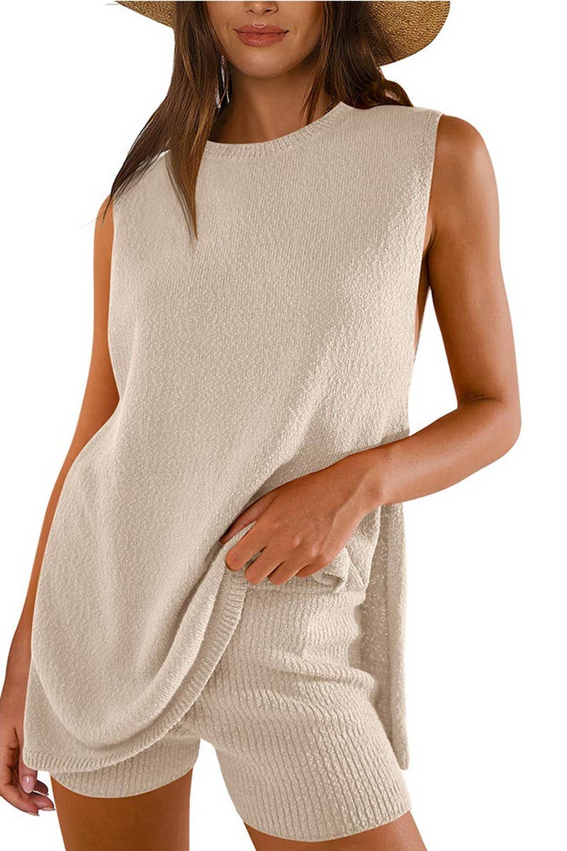 CWSTB1658_SOLID COLOR SLEEVELESS SHORTS KNITTED SUIT