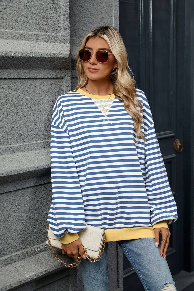 CWTBLL2359_CONTRAST COLOR STRIPED CREW NECK SWEATSHIRT