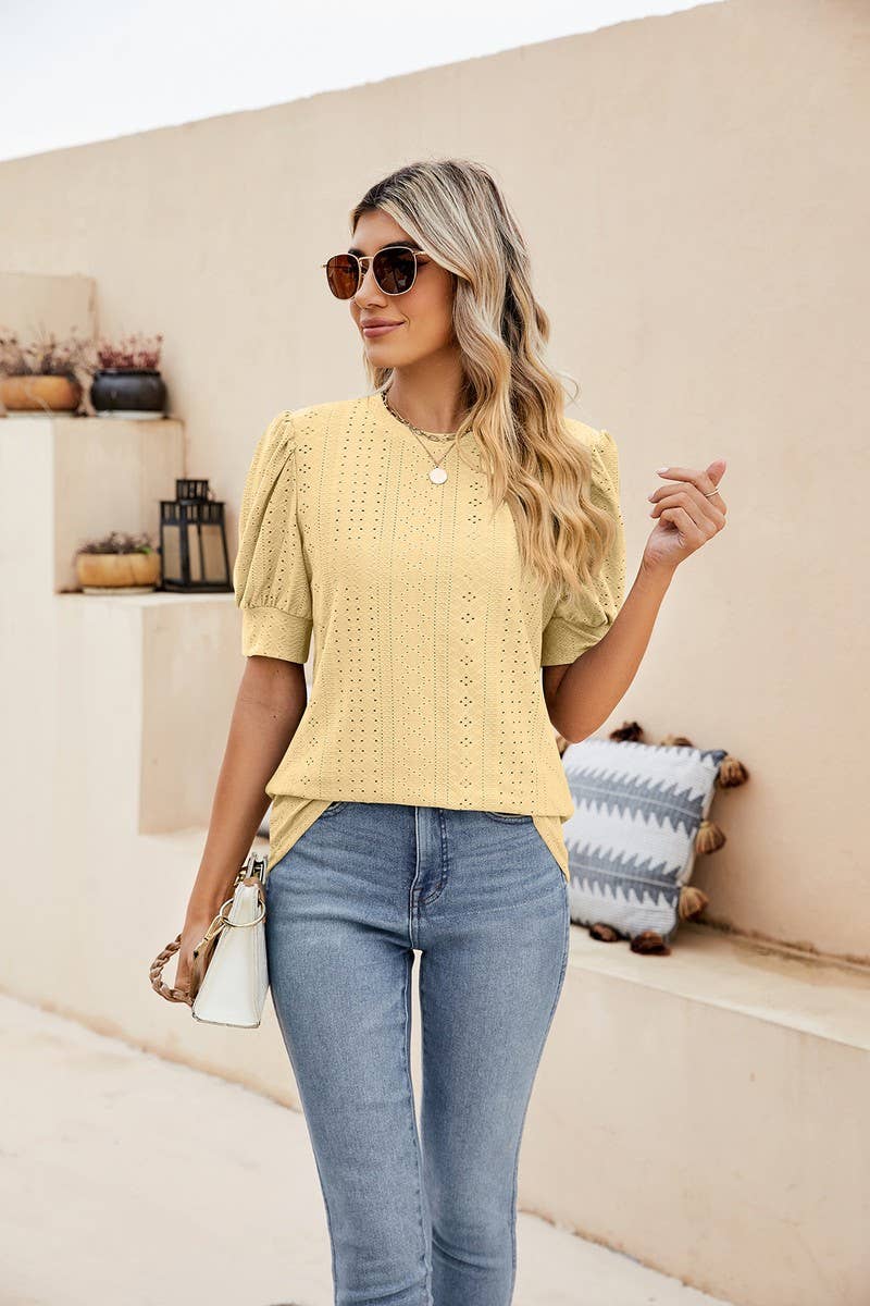 CWTBLS0615_ HOLLOW PUFF SLEEVES SHORT SLEEVED BLOUSE TOP