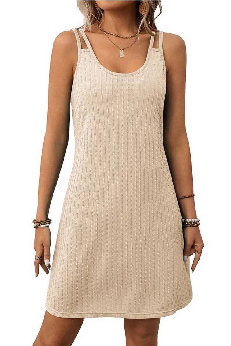 CWDSD7276_SOLID COLOR ROUND NECK SUSPENDER SLEEVELESS DRESS