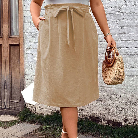 ELASTIC WAISTBAND MID LENGTH KHAKI SKIRT_CWBMS0103