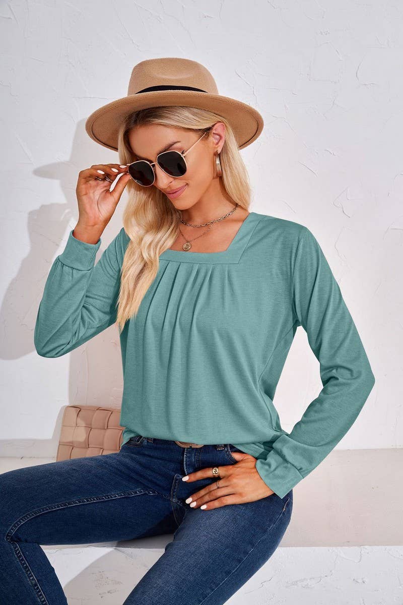 CWTBLL2409_SOLID COLOR SQUARE NECK PLEATED LONG SLEEVE TOP