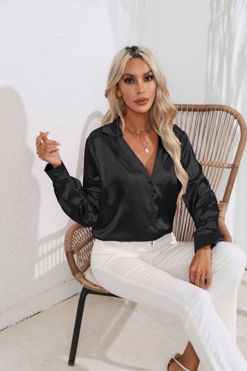 CWTBLL0693_Button Down Silky Satin Long Sleeve Top