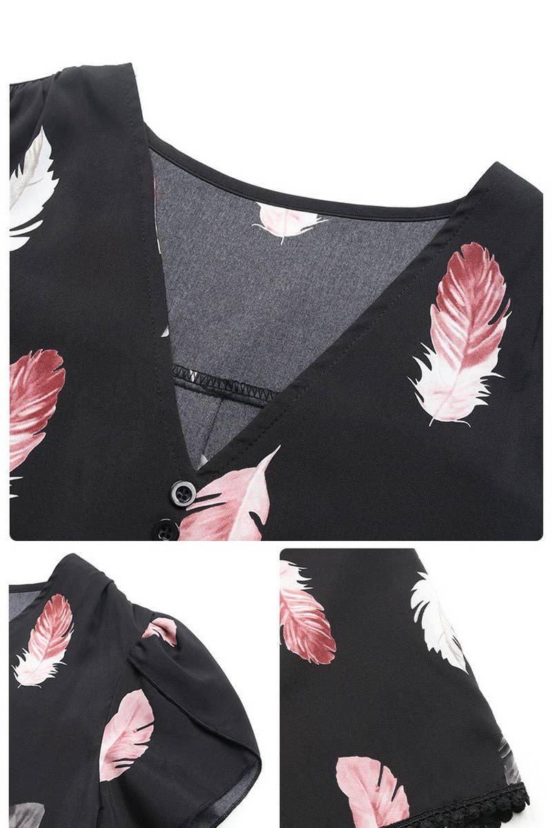 CWTBLS0969_V-NECK FEATHER PRINT SHIRT