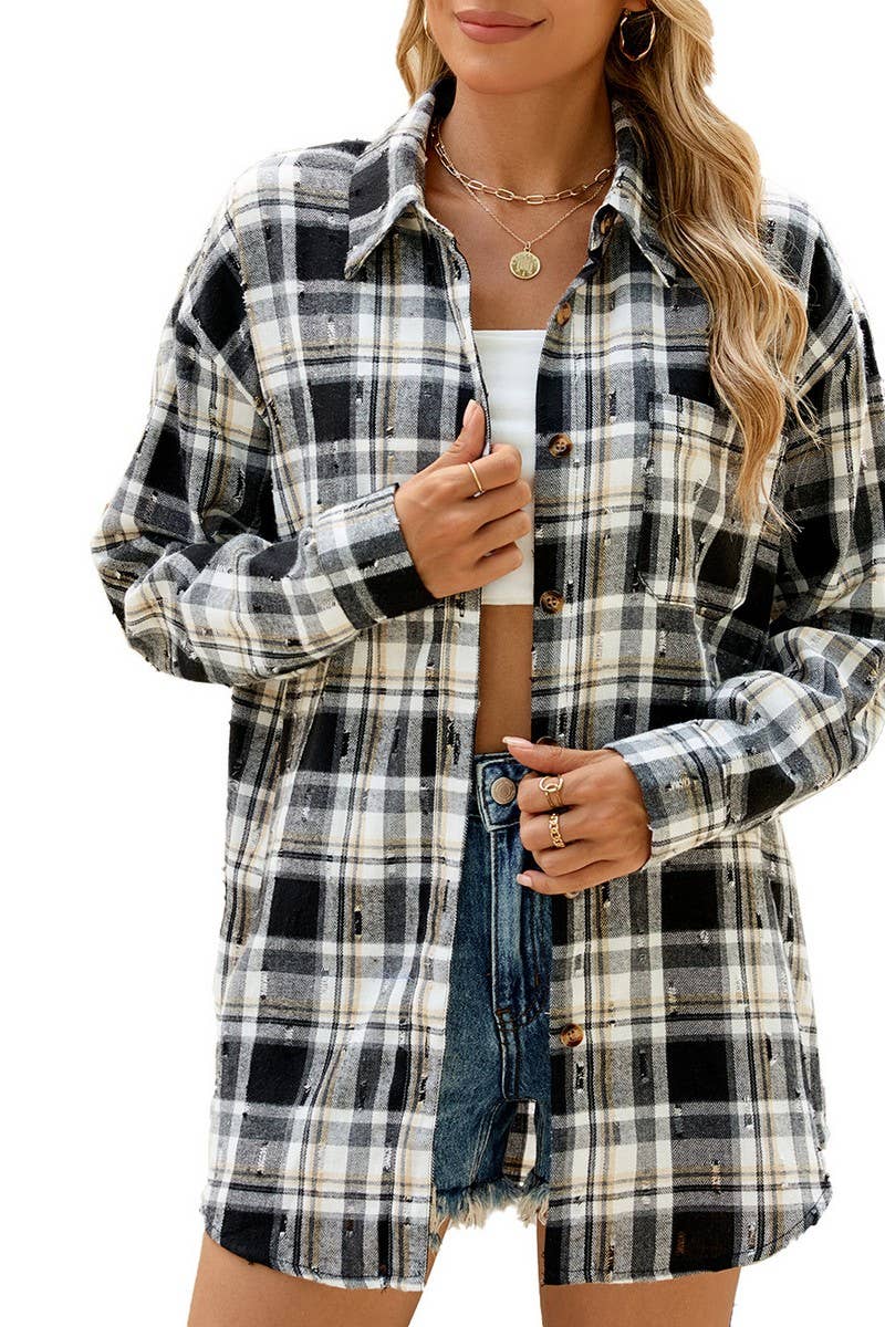CWTSTL2063_CROCHET LONG-SLEEVED LOOSE LAPEL PLAID SHIRT