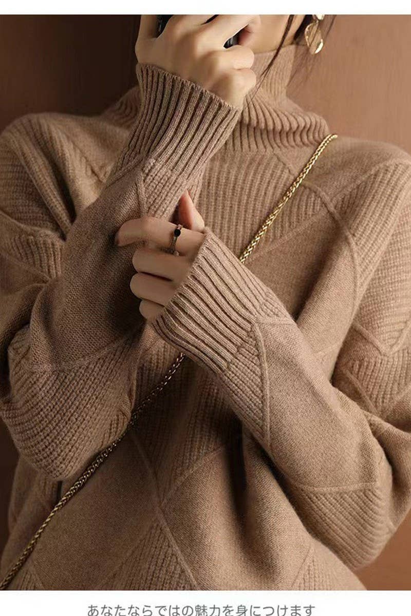 CWOSWL07650_SOLID COLOR HIGH COLLAR DIAMOND CHECK SWEATER