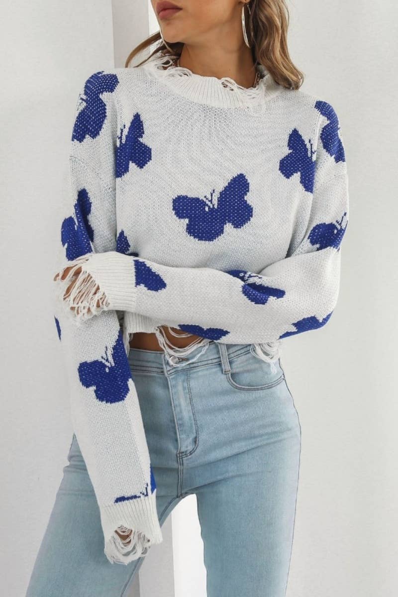 CWOSWL6376_RIPPED BUTTERFLY JACQUARD LONG-SLEEVED SWEATER