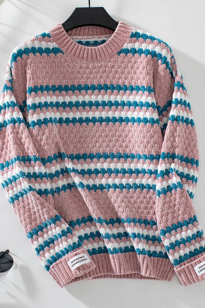 CWOSWL2921_CHENILLE CONTRAST STRIPE CREW NECK KNIT TOP