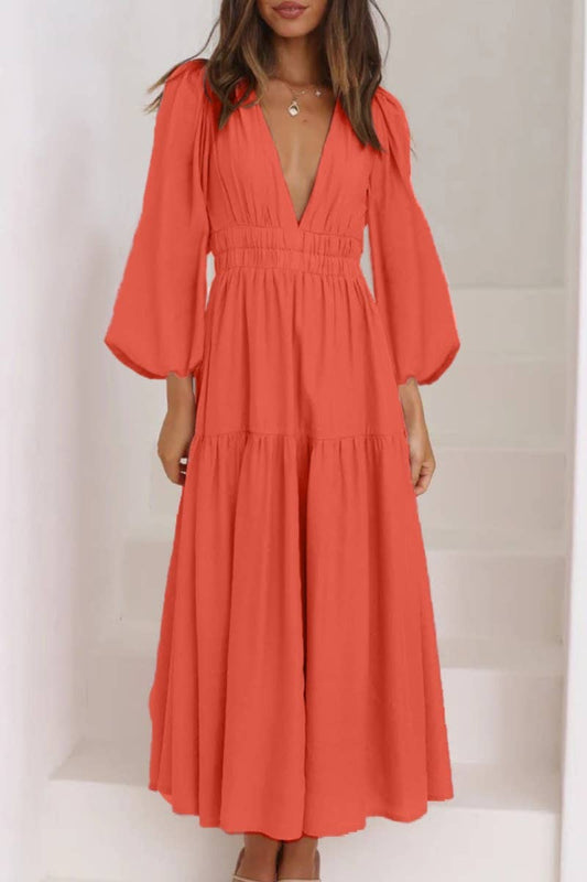 CWDMD4036_AUTUMN V-NECK LONG SLEEVE WAIST DRESS LONG STYLE