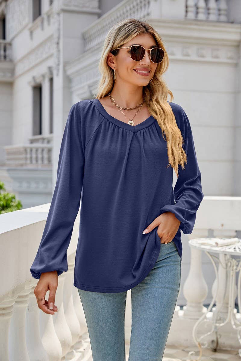 CWTBLL2413_SOLID COLOR LONGSLEEVE V-NECK PLEATED T-SHIRT TOP