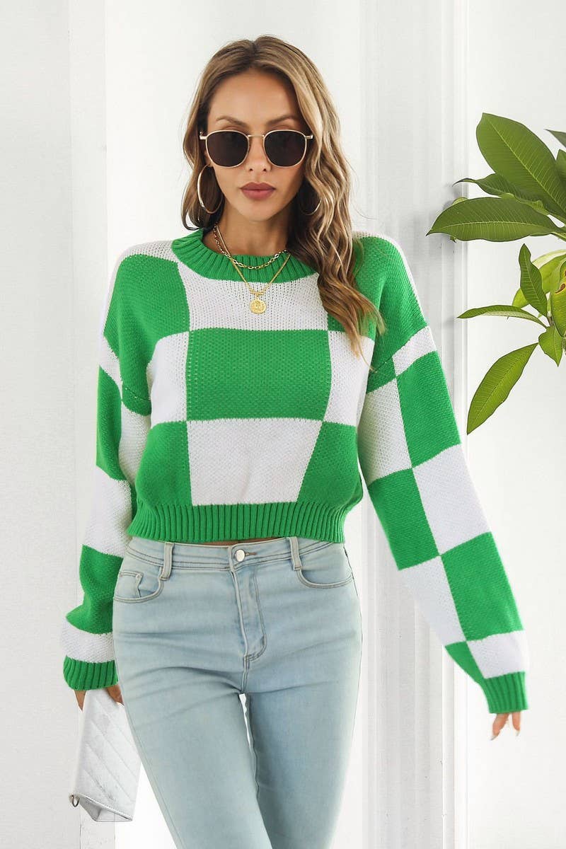 CWOSWL3966_CHECKERBOARD LONG-SLEEVED CROPPED SWEATER