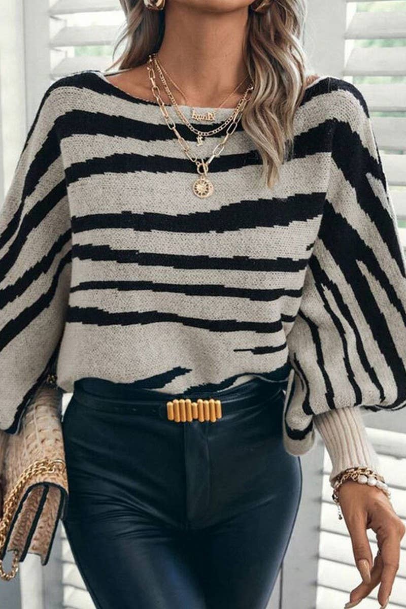 CWOSWL07306_LOOSE ZEBRA COLORBLOCK OFF-SHOULDER BATWING TOP