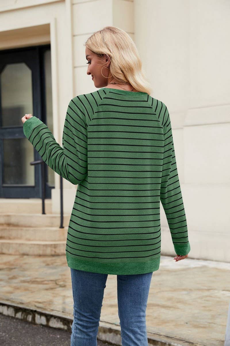 CWTBLL3663_STRIPED PATCHWORK ROUND NECK LONG SLEEVED T-SHIRT