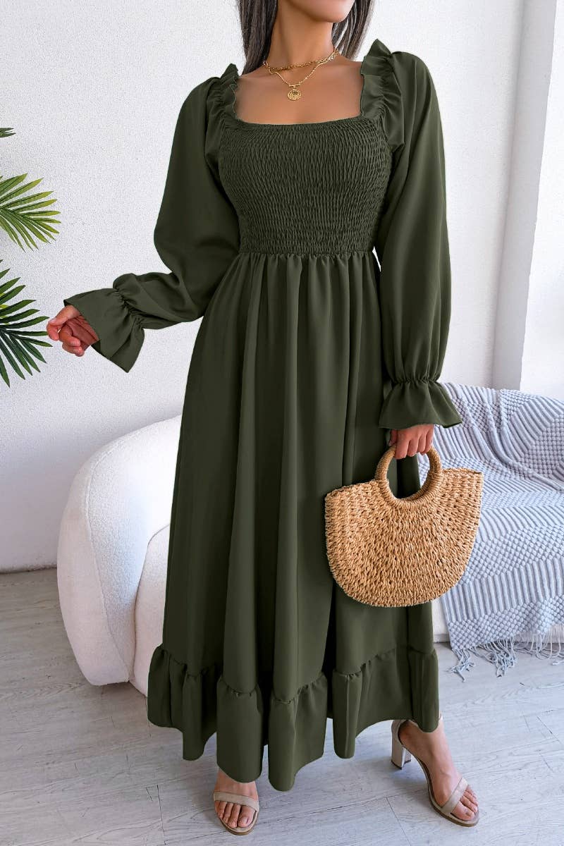 CWDMD2663_RUFFLED DRESS WITH SQUARE COLLAR FLARED SLEEVES