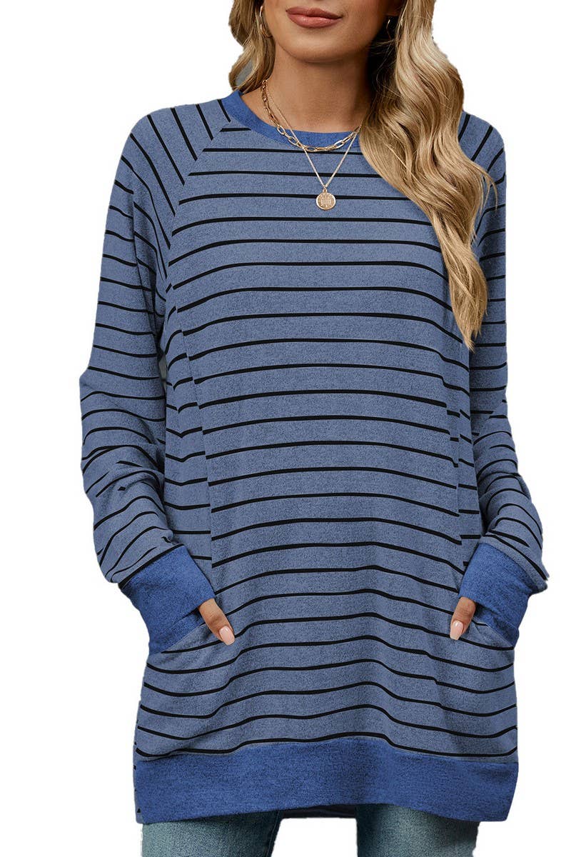 CWTBLL2360_STRIPED CONTRAST POCKET MID-LENGTH SWEATSHIRT