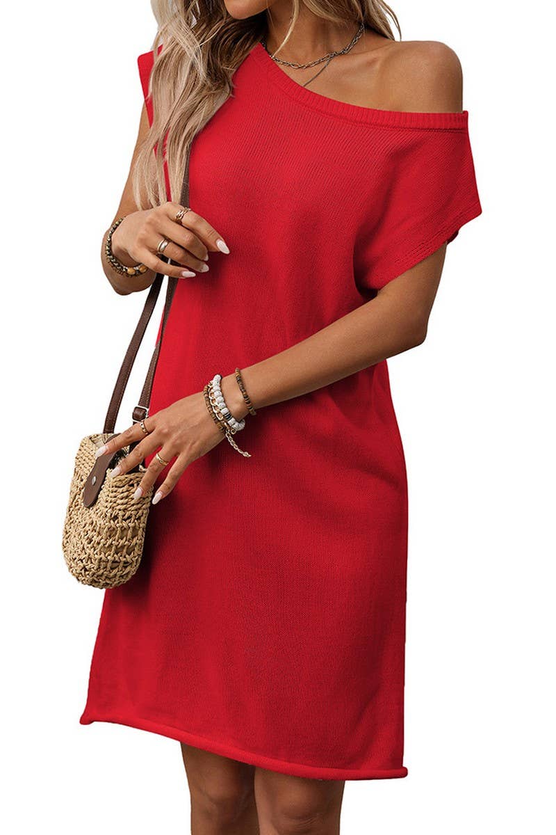 CWDSD7264_SOLID COLOR OFF-SHOULDER PULLOVER KNITTED DRESS