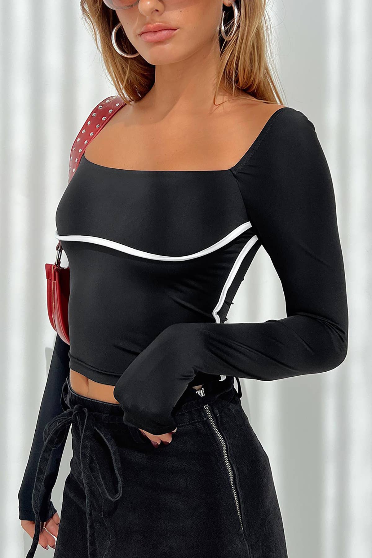 COLOR CONTRAST PATCHWORK SQUARE COLLAR SLIM SHIRT